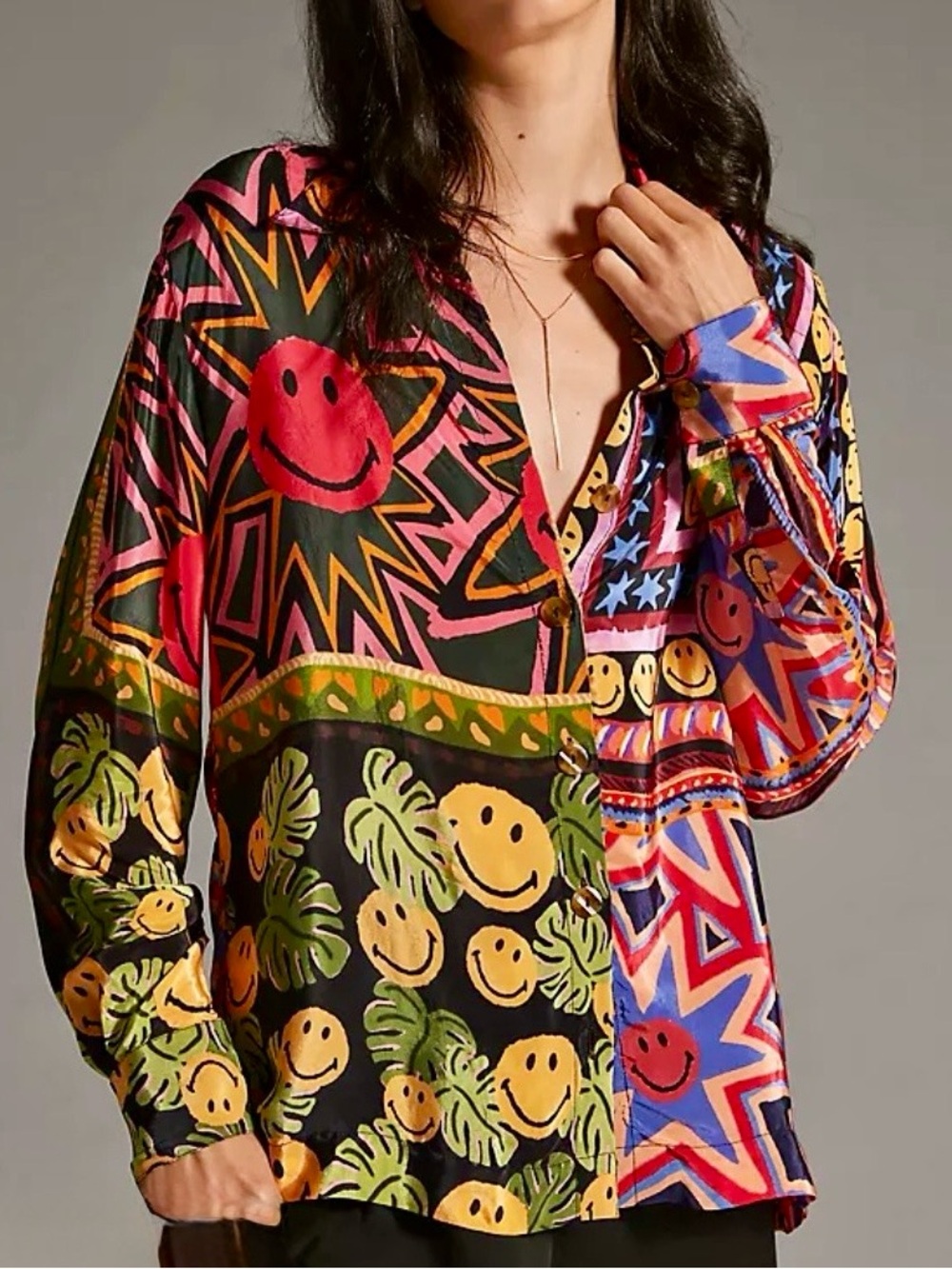 FARM Rio Smiley Patchwork L/S Button Up Blouse Size XL Sku #89